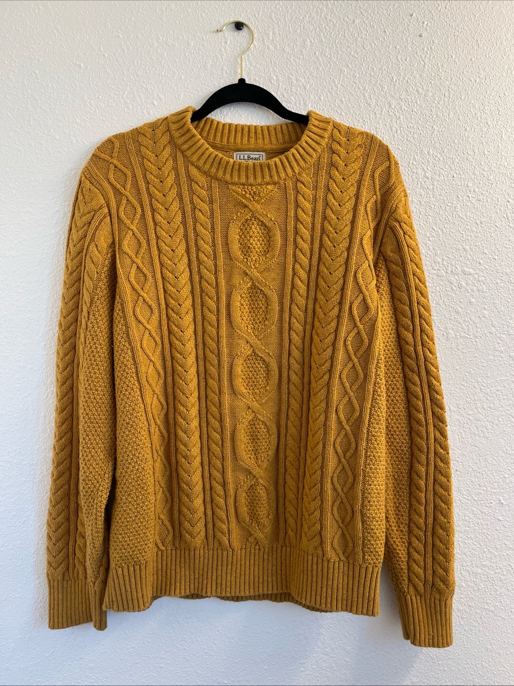 LL Bean Fisherman Sweater Cable Knit Chunky Women Size L Orange Heritage Cotton